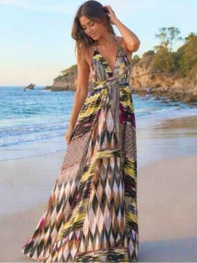 🌷 H&M 🌷Satin Multicolour Geometric Print Halter Maxi Dress Harem Jumpsuit